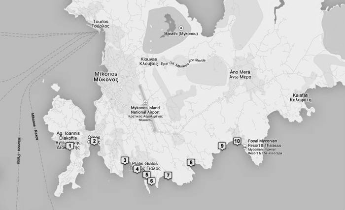 mapa playas de mykonos